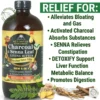 A promotional image featuring a large 32oz dark glass bottle of Essential Palace "Activated Coconut Charcoal & Senna Leaf Living Bitter - Miraculous Detox Bitter." The front label of the bottle is detailed with ingredients (Oregano, Yarrow, Dandelion Extracts), claims ("NEW 5 IN 1 Botanical Tonic"), and small illustrations of a coconut, a root, and a lemon slice. The bottle has two small seal stickers ("100% ORGANIC" and "100% SATISFACTION"). The top-left corner features a large "THE ORGANIC MADE: NATURAL & HEALTHY" circular seal. To the right of the bottle, against a green background banner, is a bold bulleted list under the title "RELIEF FOR:", which reads: "Alleviates Bloating and Gas", "Activated Charcoal Absorbs Substances", "SENNA Relieves Constipation", "DETOXIFY Support Liver Function Metabolic Balance", and "Promotes Digestion". At the bottom center, in front of the bottle and in a white text box, is the website URL "www.theorganicmade.com" overlaying fresh visual ingredients: a leafy green Senna plant, slices of ginger root, and pieces of dry Licorice root.