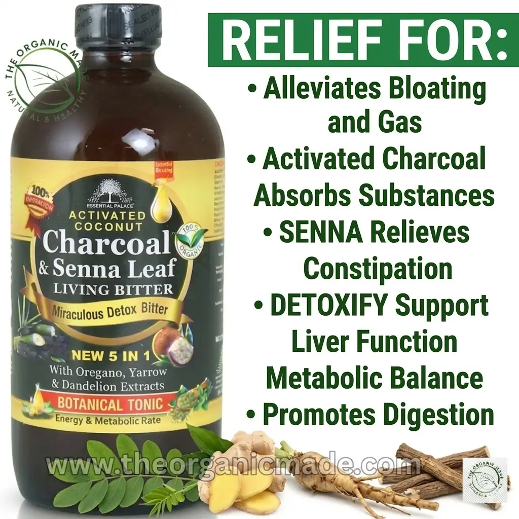 Activated Coconut Charcoal & Senna Leaf Bitters 16oz. 1 A promotional image featuring a large 32oz dark glass bottle of Essential Palace "Activated Coconut Charcoal & Senna Leaf Living Bitter - Miraculous Detox Bitter." The front label of the bottle is detailed with ingredients (Oregano, Yarrow, Dandelion Extracts), claims ("NEW 5 IN 1 Botanical Tonic"), and small illustrations of a coconut, a root, and a lemon slice. The bottle has two small seal stickers ("100% ORGANIC" and "100% SATISFACTION"). The top-left corner features a large "THE ORGANIC MADE: NATURAL & HEALTHY" circular seal. To the right of the bottle, against a green background banner, is a bold bulleted list under the title "RELIEF FOR:", which reads: "Alleviates Bloating and Gas", "Activated Charcoal Absorbs Substances", "SENNA Relieves Constipation", "DETOXIFY Support Liver Function Metabolic Balance", and "Promotes Digestion". At the bottom center, in front of the bottle and in a white text box, is the website URL "www.theorganicmade.com" overlaying fresh visual ingredients: a leafy green Senna plant, slices of ginger root, and pieces of dry Licorice root.