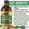 A vibrant promotional ad graphic for Essential Palace Organic Moringa Detox Living Bitters. The large 16oz dark amber glass bottle is featured prominently on the left, with a label detailing its ingredients (Lemon Grass, Fenugreek, Garlic, Juniper Berry, Fennel Extracts) and claims ("NEW 5 IN 1 Miraculous Detox Bitter"). To the right, a large white text block under a green "RELIEF FOR:" headline features a bulleted list: "Blood Sugar & Blood Pressure Levels," "Improved Digestion," "Boosts Immune System," "Enhanced Skin Health," "Energy Support," "Antioxidant, Anti-inflammatory, & Detoxify," and "Cardiovascular Health." Below the list is the website URL "www.theorganicmade.com" and a "The Organic Made" trust seal. The foreground displays fresh ingredients corresponding to the list, including lemongrass stalks, moringa leaves, and fenugreek seeds.