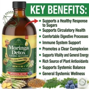 A vibrant promotional ad graphic for Essential Palace Organic Moringa Detox Living Bitters. The large 16oz dark amber glass bottle is featured prominently on the left, with a label detailing its ingredients (Lemon Grass, Fenugreek, Garlic, Juniper Berry, Fennel Extracts) and claims ("NEW 5 IN 1 Miraculous Detox Bitter"). To the right, a large white text block under a green "RELIEF FOR:" headline features a bulleted list: "Blood Sugar & Blood Pressure Levels," "Improved Digestion," "Boosts Immune System," "Enhanced Skin Health," "Energy Support," "Antioxidant, Anti-inflammatory, & Detoxify," and "Cardiovascular Health." Below the list is the website URL "www.theorganicmade.com" and a "The Organic Made" trust seal. The foreground displays fresh ingredients corresponding to the list, including lemongrass stalks, moringa leaves, and fenugreek seeds.