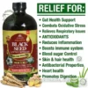 A marketing photograph featuring a large amber glass bottle of BLACK SEED DETOX with a black cap. The front label is detailed, featuring red and white text on a black and gold background, prominently displaying "Miraculous Detox Bitter" and "NEW 5 IN 1" with specific listed ingredients including Aloe Vera, Ginger, Myrrh, Angelica Roots, and Cat's Claw Extracts. Illustrations of black seeds, a white flower, and halved aloe vera are on the label. Below the bottle, there are raw roots (ginseng or angelica) on the left, sliced ginger and black seeds in the center, and fresh aloe vera stalks and gel slices on the right. In the upper left and lower right corners are "THE ORGANIC MADE, NATURAL & HEALTHY" logos. To the right of the bottle, on a white background, large green text reads "RELIEF FOR:" followed by a vertical, bulleted list in green text: "Gut Health Support", "Combats Oxidative Stress", "Relieves Respiratory Issues", "ANTIOXIDANTS", "Reduces Inflammation", "Boosts immune system", "Blood sugar Control", "Skin & hair health", "Antibacterial Properties", "Heart health", "Promotes Digestion". The website address "www.theorganicmade.com" is visible in white across the lower portion of the image. The entire composition is set against a clean white background, presenting a balanced and informative layout.