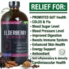 A marketing image for an Elderberry supplement. On the left, a large amber glass bottle labeled 'ELDERBERRY WELLNESS DETOX' from 'THE ORGANIC MADE' is shown. Below the bottle are fresh elderberries, cinnamon sticks, a honey dipper, and cloves. The label lists ingredients including elderberry, honey, cloves, and cinnamon. At the top left and bottom right, 'THE ORGANIC MADE' logos are present. On the right side, a large green text banner reads 'RELIEF FOR:'. Below this is a list of potential benefits in black text: 'Promoted Gut Health', 'Colds & Flu', 'Blood Sugar Level', 'Blood Pressure Level', 'Improved Digestion', 'Boosts Immune System', 'Enhanced Skin Health', 'Energy Support', 'Antioxidant', 'Anti inflammatory & detoxify', and 'Cardiovascular Health'. The website URL 'www.theorganicmade.com' is at the bottom
