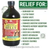 A detailed product photograph of Essential Palace "Organic Firm & Flat Belly" Detox & Energizer, presented as a professional ad. The 32oz glass bottle is filled with a dark amber liquid and features a detailed label with images of a muscular torso and lemon slices. The text on the bottle reads "Essential Palace ORGANIC FIRM & FLAT BELLY," "DETOX & ENERGIZER," "100% Natural Herbal Extracts," and "BURN BODY FAT." To the right of the bottle, a green banner reads "RELIEF FOR:" followed by a comprehensive bulleted list of benefits: "BURN BODY FAT," "FLATTEN TUMMY," "REMOVE WASTE," "MAINTAIN CHOLESTEROL," "ENHANCES DIGESTIVE SECRETIONS," "PROMOTES NUTRIENT ABSORPTION," "COLON CLEANSE," "EASES GAS & HEAVINESS," "BOOSTS METABOLISM," "BLOOD SUGAR BALANCE," "REDUCES CRAVINGS," and "DETOXIFY." Two "The Organic Made: Natural & Healthy" leaf logos are visible: one subtly overlayed on the top-left of the bottle, and one to the bottom-right of the list. The bottom of the ad displays the website URL "www.theorganicmade.com" in gray text.
