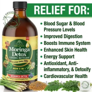 A vibrant promotional ad graphic for Essential Palace Organic Moringa Detox Living Bitters. The large 16oz dark amber glass bottle is featured prominently on the left, with a label detailing its ingredients (Lemon Grass, Fenugreek, Garlic, Juniper Berry, Fennel Extracts) and claims ("NEW 5 IN 1 Miraculous Detox Bitter"). To the right, a large white text block under a green "RELIEF FOR:" headline features a bulleted list: "Blood Sugar & Blood Pressure Levels," "Improved Digestion," "Boosts Immune System," "Enhanced Skin Health," "Energy Support," "Antioxidant, Anti-inflammatory, & Detoxify," and "Cardiovascular Health." Below the list is the website URL "www.theorganicmade.com" and a "The Organic Made" trust seal. The foreground displays fresh ingredients corresponding to the list, including lemongrass stalks, moringa leaves, and fenugreek seeds.