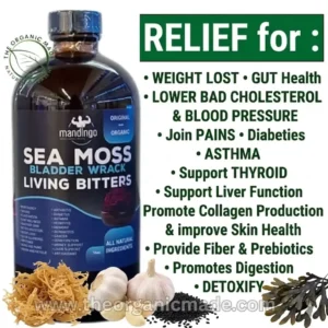 Marketing image for 'Mandingo' Sea Moss and Bladderwrack Living Bitters supplement. The central element is a large, dark glass bottle with a detailed blue label. To the right, a list of green bullet points highlights various health benefits under the title "RELIEF for :". At the bottom, raw natural ingredients including sea moss, garlic, and black seeds illustrate the natural components, with a watermark 'www.theorganicmade.com'. The overall style is professional and clean