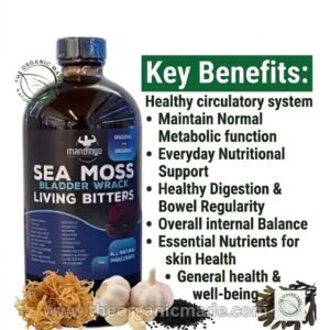 Marketing image for 'Mandingo' Sea Moss and Bladderwrack Living Bitters supplement. The central element is a large, dark glass bottle with a detailed blue label. To the right, a list of green bullet points highlights various health benefits under the title "RELIEF for :". At the bottom, raw natural ingredients including sea moss, garlic, and black seeds illustrate the natural components, with a watermark 'www.theorganicmade.com'. The overall style is professional and clean