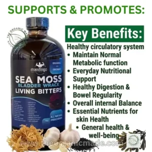 Marketing image for 'Mandingo' Sea Moss and Bladderwrack Living Bitters supplement. The central element is a large, dark glass bottle with a detailed blue label. To the right, a list of green bullet points highlights various health benefits under the title "RELIEF for :". At the bottom, raw natural ingredients including sea moss, garlic, and black seeds illustrate the natural components, with a watermark 'www.theorganicmade.com'. The overall style is professional and clean