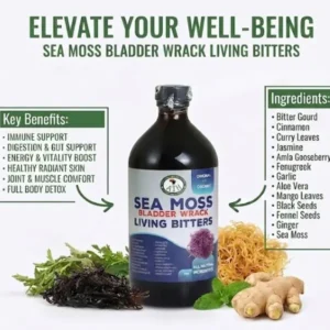 A professional product advertisement infographic against a clean white background, showcasing a central amber glass bottle of 'AIH Sea Moss Bladder Wrack Living Bitters'. To the left of the bottle, a framed text box lists 'Key Benefits:' including Immune Support, Digestion & Gut Support, Energy & Vitality Boost, Healthy Radiant Skin, Joint & Muscle Comfort, and Full Body Detox. To the right of the bottle, a second framed text box lists 'Ingredients:' including Bitter Gourd, Cinnamon, Curry Leaves, Jasmine, Amla Gooseberry, Fenugreek, Garlic, Aloe Vera, Mango Leaves, Black Seeds, Fennel Seeds, Ginger, and Sea Moss. In the foreground, raw ingredients are arranged, including a large clump of dark purple sea moss on the bottle label, raw golden sea moss clumps to the right, fresh ginger rhizome, a sprig of fresh mint, and dark leafy herbs on the left. The top header reads "ELEVATE YOUR WELL-BEING" and "SEA MOSS BLADDER WRACK LIVING BITTERS".