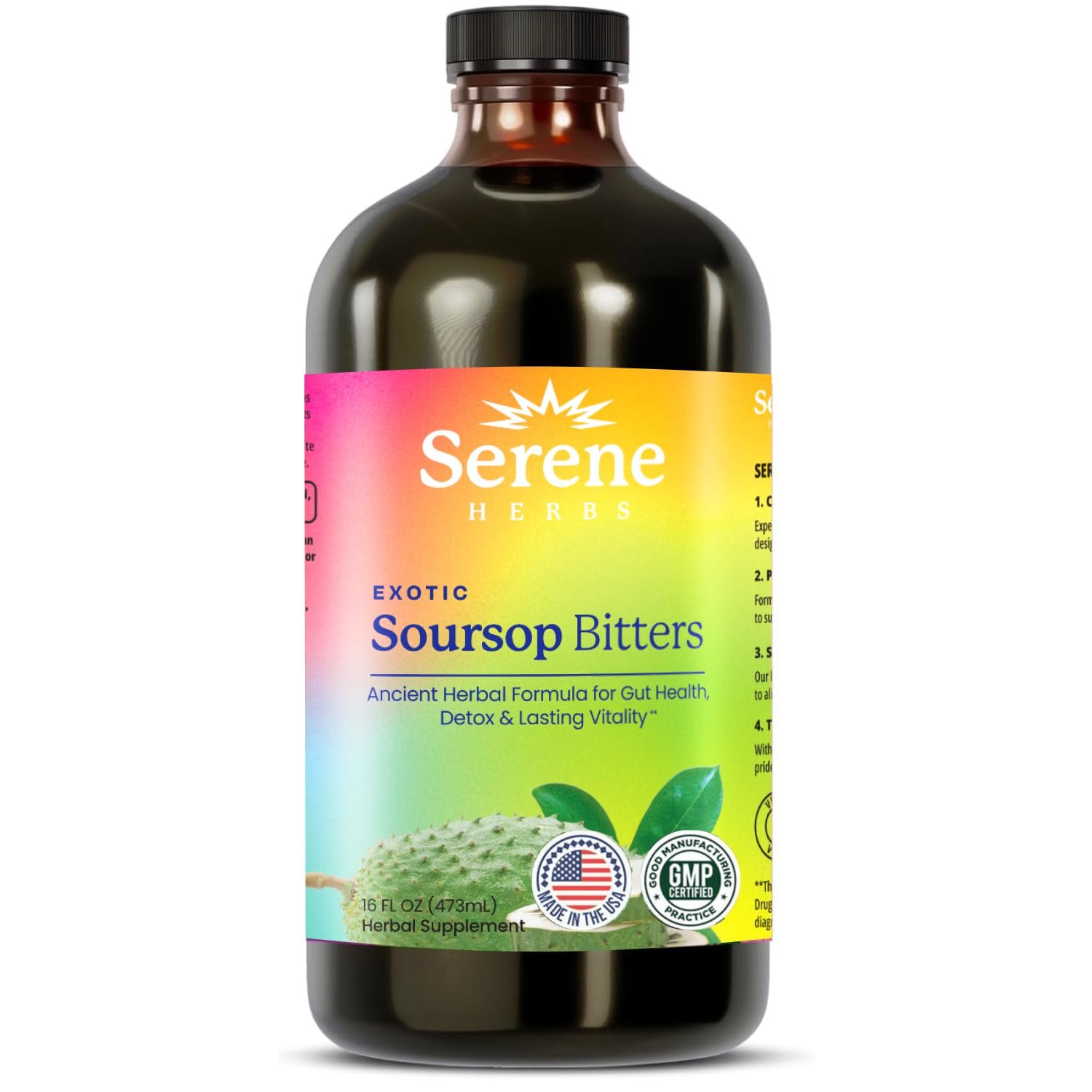 serene herbs soursop bitters 16oz 1 Marketing graphic for "Serene Herbs Exotic Soursop Bitters," a dietary supplement. The left features a dark amber bottle with a multi-colored label that lists key ingredients and benefits. The right side has a green box with the title "RELIEF FOR:" and a list of bullet points. The background is white. Watermarks from "THE ORGANIC made" are at the top left and lower right, and a URL "www.theorganicmade.com" is faint across the bottom. Images of whole and halved soursop fruits and a honey dipper are at the bottom.
