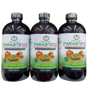 three bottles of white bottle of Organic parasite Cleanse Formula bitters by AIH, Help with fatigue, bloating and intestinal Symptoms