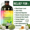 Marketing graphic for "Serene Herbs Exotic Soursop Bitters," a dietary supplement. The left features a dark amber bottle with a multi-colored label that lists key ingredients and benefits. The right side has a green box with the title "RELIEF FOR:" and a list of bullet points. The background is white. Watermarks from "THE ORGANIC made" are at the top left and lower right, and a URL "www.theorganicmade.com" is faint across the bottom. Images of whole and halved soursop fruits and a honey dipper are at the bottom.