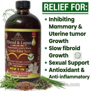 A professional product shot of Botanical Fibroid & Lupus Balance Care Tonic in an amber glass bottle. The label highlights ingredients like Magnesium, Lion’s Mane, French Tarragon, Linseed, and Green Tea. To the right, a "RELIEF FOR" checklist includes inhibiting tumor growth, slowing fibroid growth, sexual support, and anti-inflammatory benefits. The image features fresh green herbs and seeds at the base with the brand URL www.theorganicmade.com.