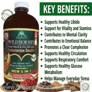 Wild Horned: A professional product photograph of a dark amber glass bottle labelled "Wild Horney Testosterone Booster" by Essential Palace and The Organic Made. The dark label features Goji Berries, Horny Goat Weed, Yohimbi Bark, Shilajit, and Mucuna Extract. To the right is a prominent green panel with a large white headline "RELIEF FOR:" followed by a bulleted list of ten diverse male health benefits, including Libido, Testosterone Boosting, Energy & Stamina, Mental Well-Being, and Stress & Anxiety relief. At the bottom, five bowls of raw ingredients—tar-like Shilajit, dried Goji Berries,