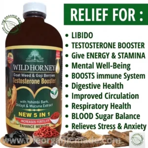 A professional product photograph of a dark amber glass bottle labelled "Wild Horney Testosterone Booster" by Essential Palace and The Organic Made. The dark label features Goji Berries, Horny Goat Weed, Yohimbi Bark, Shilajit, and Mucuna Extract. To the right is a prominent green panel with a large white headline "RELIEF FOR:" followed by a bulleted list of ten diverse male health benefits, including Libido, Testosterone Boosting, Energy & Stamina, Mental Well-Being, and Stress & Anxiety relief. At the bottom, five bowls of raw ingredients—tar-like Shilajit, dried Goji Berries, Mucuna, a powdered extract, and tree bark—are displayed on wood rounds. The overall presentation is premium, natural, and organic, with multiple certification logos and claims of being "NEW 5 IN 1" and "Increases FERTILITY" and "ENHANCE MEMORY.