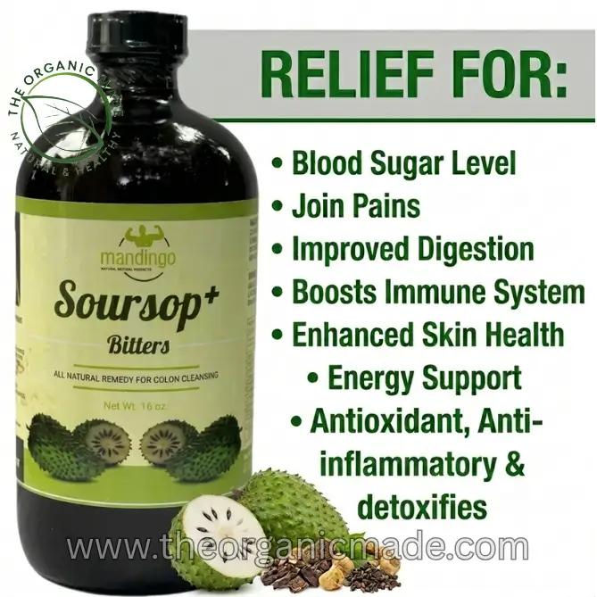 Mandingo Soursop Plus Bitters 16oz. 1 A marketing photograph featuring a single, large amber glass bottle of 'MANDINGO SOURSOP+ BITTERS' with a black cap. The front label on the bottle is visible, featuring green text that reads 'ALL NATURAL REMEDY FOR COLON CLEANSING' and 'Net Wt. 16 oz.' Below the text is an illustration of two green soursop fruits. To the left of the bottle, in the upper corner, is 'THE ORGANIC MADE, NATURAL & HEALTHY' logo. To the right of the bottle, on a white background, large green text reads 'RELIEF FOR:' followed by a vertical bulleted list in green text: 'Blood Sugar Level', 'Join Pains', 'Improved Digestion', 'Boosts Immune System', 'Enhanced Skin Health', 'Energy Support', 'Antioxidant, Anti-inflammatory & detoxifies'. Below the list, a grouped illustration of a halved soursop fruit revealing its white flesh and seeds, alongside a pile of dried herbs and seeds. The website address 'www.theorganicmade.com' is in white text across the bottom.