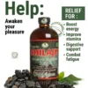 A marketing photograph featuring a bottle of Organic Shilajit Himalayan Mountain Tonic' on a clean white background. Large, bold green text at the top reads 'Help:'. Smaller text below it states 'Awaken your pleasure'. To the right, a gray box labeled 'RELIEF FOR:' lists bullet points in green text: '• Boost energy', '• Improve stamina', '• Digestive support', '• Combat fatigue'. The amber glass bottle is centered, with its detailed green and black label showing shilajit rocks and a mountain peak, mentioning 'WITH SPIRULINA & TRIBULUS TERRESTRIS' and including the text 'AWAKEN YOUR PLEASURE' and 'BIGGER & HARDER'. Raw dark shilajit rocks are piled at the bottom-left of the bottle, and a pile of green spirulina powder with fresh leaves is at the bottom-right. The brand website 'www.theorganicmade.com' is in white text across the bottom.