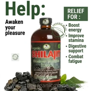 A marketing photograph featuring a bottle of Organic Shilajit Himalayan Mountain Tonic' on a clean white background. Large, bold green text at the top reads 'Help:'. Smaller text below it states 'Awaken your pleasure'. To the right, a gray box labeled 'RELIEF FOR:' lists bullet points in green text: '• Boost energy', '• Improve stamina', '• Digestive support', '• Combat fatigue'. The amber glass bottle is centered, with its detailed green and black label showing shilajit rocks and a mountain peak, mentioning 'WITH SPIRULINA & TRIBULUS TERRESTRIS' and including the text 'AWAKEN YOUR PLEASURE' and 'BIGGER & HARDER'. Raw dark shilajit rocks are piled at the bottom-left of the bottle, and a pile of green spirulina powder with fresh leaves is at the bottom-right. The brand website 'www.theorganicmade.com' is in white text across the bottom.