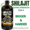 bottle of Livingston Naturals Multi-Function Tonic featuring Shilajit, Ashwagandha, Rhodiola Rosea, and Panax Ginseng. The bottle is a 16 oz amber glass with a black label, set against a white background. Bold green and black text reads "SHILAJIT EXTRA STRENGTH 13 in 1" and "BIGGER & HARDER." The brand URL www.theorganicmade.com is displayed at the bottom.