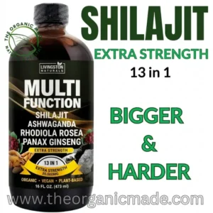 bottle of Livingston Naturals Multi-Function Tonic featuring Shilajit, Ashwagandha, Rhodiola Rosea, and Panax Ginseng. The bottle is a 16 oz amber glass with a black label, set against a white background. Bold green and black text reads "SHILAJIT EXTRA STRENGTH 13 in 1" and "BIGGER & HARDER." The brand URL www.theorganicmade.com is displayed at the bottom.