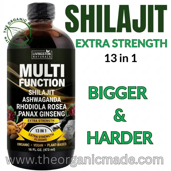 Livingston Naturals Multifunction Shilajit With Ashwagandha - Extra Strength 16oz (Wholesale) 2 bottle of Livingston Naturals Multi-Function Tonic featuring Shilajit, Ashwagandha, Rhodiola Rosea, and Panax Ginseng. The bottle is a 16 oz amber glass with a black label, set against a white background. Bold green and black text reads "SHILAJIT EXTRA STRENGTH 13 in 1" and "BIGGER & HARDER." The brand URL www.theorganicmade.com is displayed at the bottom.