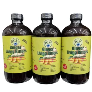 three bottles of Health supplement for digestive relief, ginger living bitter 16oz, Herbal Digestive and Wellness Tonic