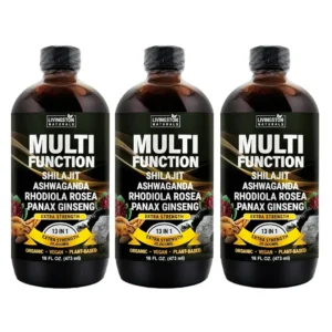 pack of three bottles Livingston Naturals 13-in-1 Multifunction Shilajit Tonic With Ashwagandha and Rhodiola Rosea 16oz for extra strenght. bigger and harder perfomance