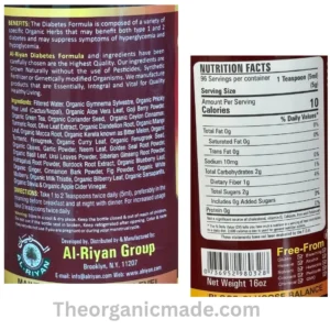 label on the bottle of diabetic shawing the benefits of the bitters and the ingredients