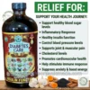 A professional marketing visual for 'Organic Diabetes Care,' a liquid supplement. A large dark amber bottle on the left features a detailed label with an ingredient grid and the supports 'insulin function' claim. To the right, a list of nine green bullet points lists health benefits including healthy blood sugar, inflammatory response, and immune support under the header 'RELIEF FOR:'. Fresh raw ingredients including garlic, turmeric, black seeds, and cinnamon sticks are artfully arranged below the bottle on a wooden base, illustrating the product's natural composition. Faint website text and company logos are present.