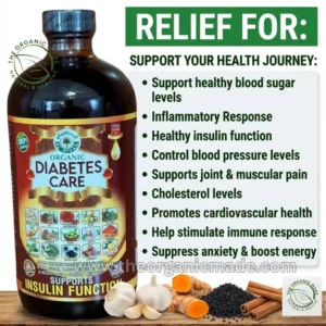 A professional marketing visual for 'Organic Diabetes Care,' a liquid supplement. A large dark amber bottle on the left features a detailed label with an ingredient grid and the supports 'insulin function' claim. To the right, a list of nine green bullet points lists health benefits including healthy blood sugar, inflammatory response, and immune support under the header 'RELIEF FOR:'. Fresh raw ingredients including garlic, turmeric, black seeds, and cinnamon sticks are artfully arranged below the bottle on a wooden base, illustrating the product's natural composition. Faint website text and company logos are present.