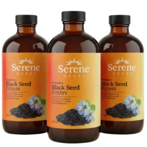 three bottles of Serene Herbs Organic Black Seed Bitters Antioxidants Overall Wellness, pack of three black seed bitters