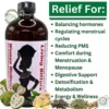 Marketing graphic for Women Wellness Living Bitters supplement. A dark amber bottle on the left features a detailed label with an illustration of an African woman. The right side lists seven green bulleted benefits under the heading 'Relief For:', including balancing hormones, regulating cycles, and PMS support. Natural ingredients like soursop, ginger, and other roots and leaves are depicted at the bottom, illustrating the 'natural & healthy' theme. The overall background is a clean, split-panel design.