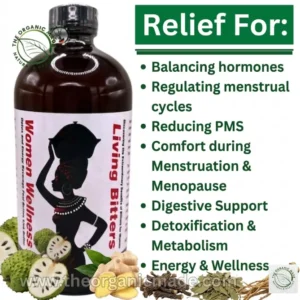 Marketing graphic for Women Wellness Living Bitters supplement. A dark amber bottle on the left features a detailed label with an illustration of an African woman. The right side lists seven green bulleted benefits under the heading 'Relief For:', including balancing hormones, regulating cycles, and PMS support. Natural ingredients like soursop, ginger, and other roots and leaves are depicted at the bottom, illustrating the 'natural & healthy' theme. The overall background is a clean, split-panel design.