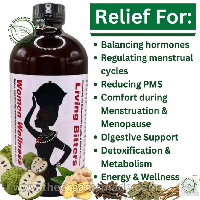 Sea Moss Bladder Wrack, Soursop Bitters, Women Wellness 16oz 2 Marketing graphic for Women Wellness Living Bitters supplement. A dark amber bottle on the left features a detailed label with an illustration of an African woman. The right side lists seven green bulleted benefits under the heading 'Relief For:', including balancing hormones, regulating cycles, and PMS support. Natural ingredients like soursop, ginger, and other roots and leaves are depicted at the bottom, illustrating the 'natural & healthy' theme. The overall background is a clean, split-panel design.