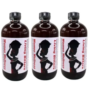 bottles of women wellness supplement benefits listed, living bitter in white bottle for women health