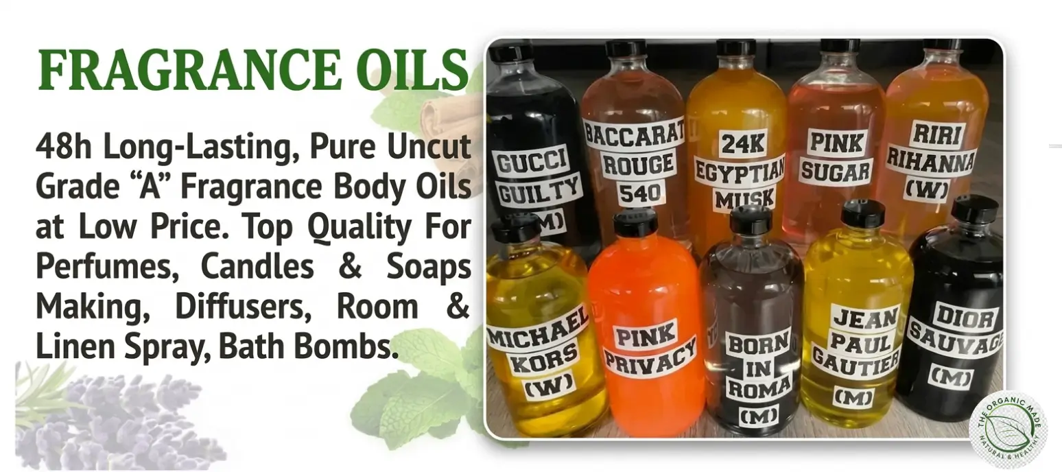 HOME 2 Marketing graphic showing text advertising long-lasting, uncut, grade "A" fragrance body oils and various intended uses, alongside a collection of ten labeled amber and clear glass bottles of liquid. A green logo with a leaf is present. Sprigs of lavender and mint and cinnamon sticks are integrated into the design on a white background.