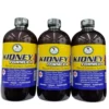 A trio of three amber glass bottles, with black caps, containing a dark-colored herbal liquid kidney formula, against a plain white background. The labels are primarily orange and feature the "AIH" brand logo, text "KIDNEY FORMULA" in bold, and a bulleted list of potential health benefits and ingredients, including "ORGANIC," "VEGAN," and "PLANT-BASED." Two stylized red kidneys are pictured on the label.