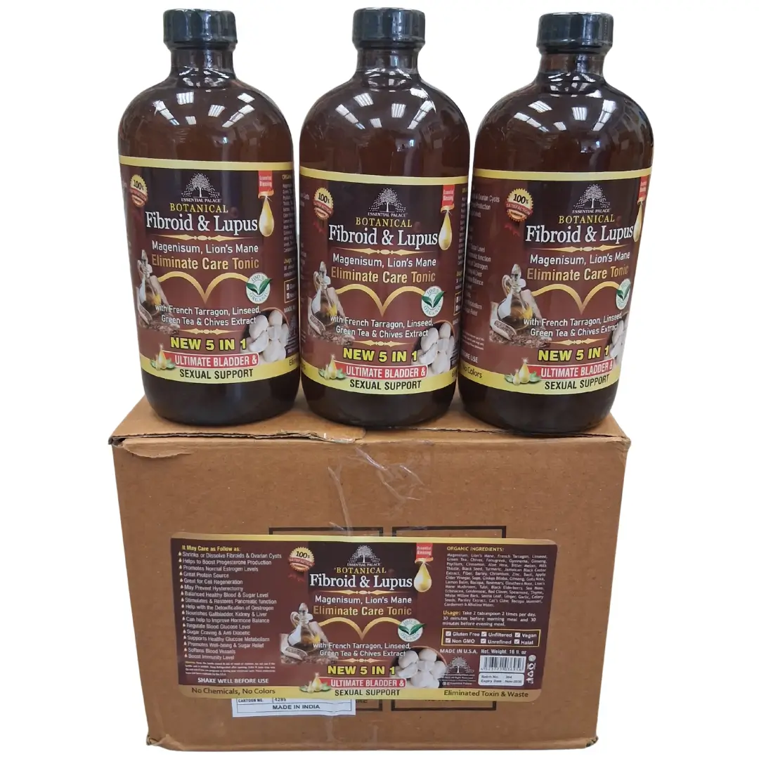 Fibroid & Lupus Bitters Botanical 16oz - Wholesale 1 A photograph of three 16oz amber glass bottles of "Botanical Fibroid & Lupus" Eliminate Care Tonic stacked on a brown cardboard shipping box against a white background. The full labels of the bottles are visible, featuring the Essential Palace logo and a comprehensive list of ingredients like Magnesium, Lion's Mane, French Tarragon, and Linseed. The complex case label on the box detailed health benefits and ingredients.