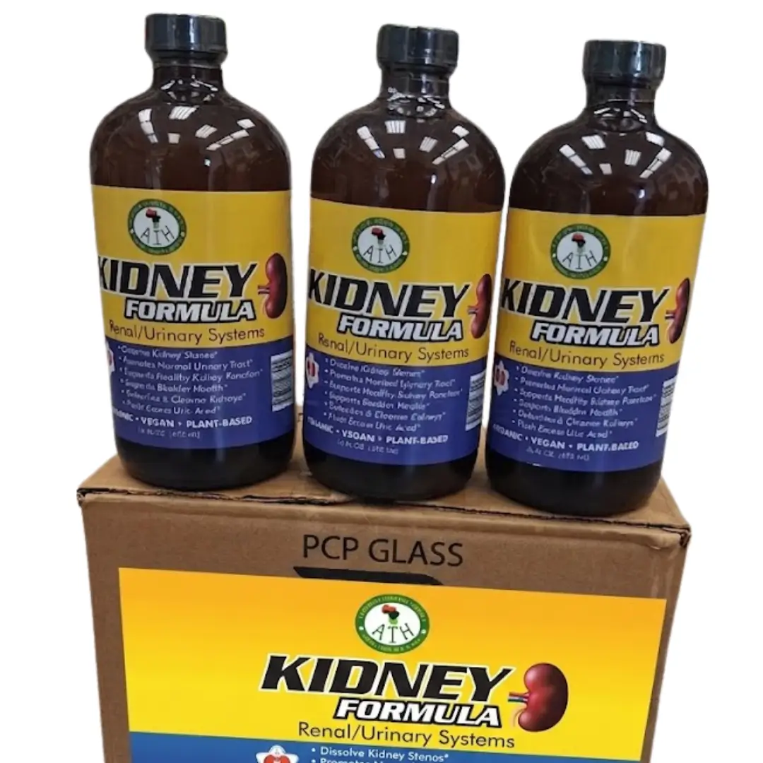 Kidney Cleanse Bitters 16 oz - Wholesale 1 Kidney cleanse Bitters, A trio of three amber glass bottles, with black caps, containing a dark-colored herbal liquid kidney formula, against a plain white background. The labels are primarily orange and feature the "AIH" brand logo, text "KIDNEY FORMULA" in bold, and a bulleted list of potential health benefits and ingredients, including "ORGANIC," "VEGAN," and "PLANT-BASED." Two stylized red kidneys are pictured on the label.