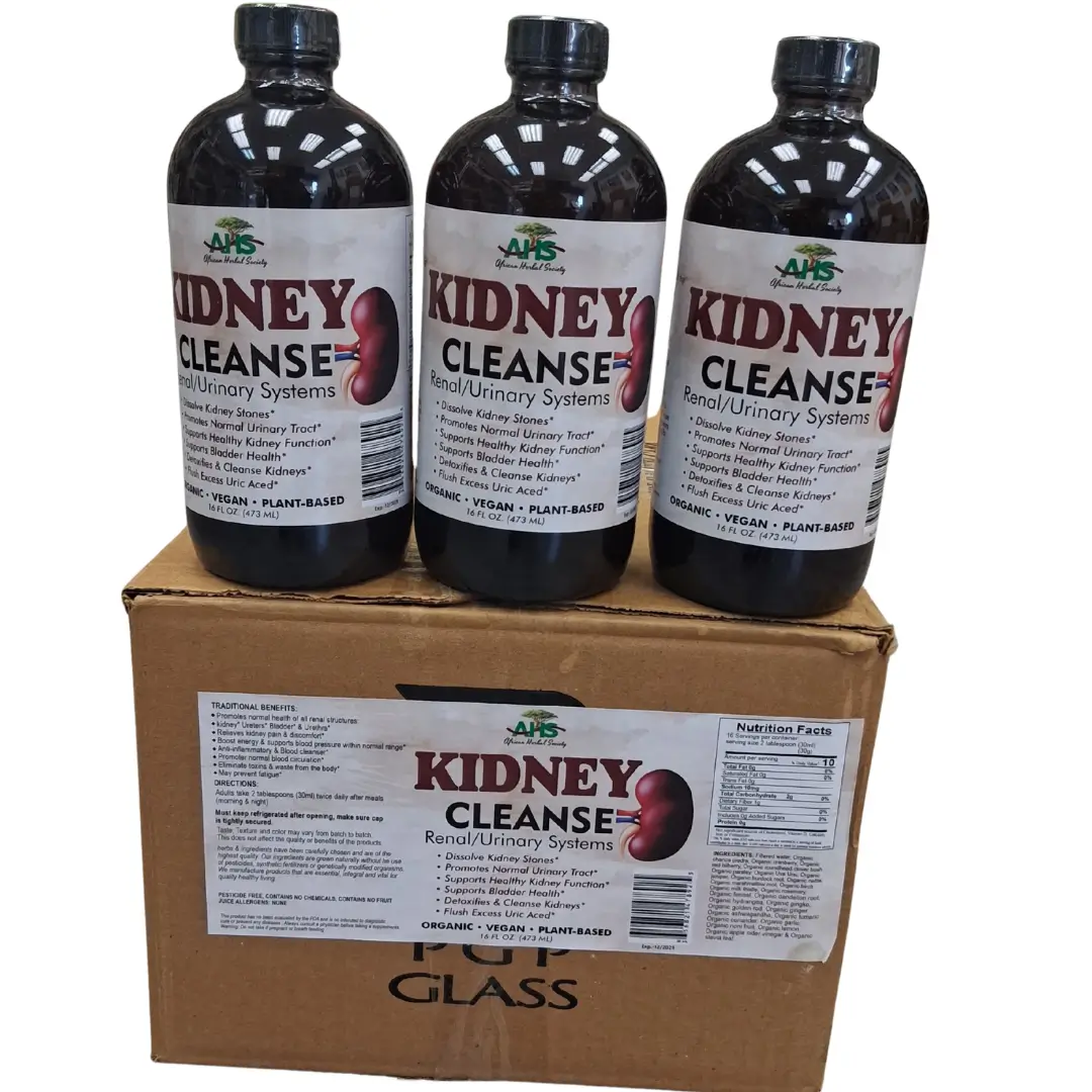 Kidney Cleanse Formula Bitters 16 oz - Wholesale 1 Kidney cleanse Bitters, A trio of three amber glass bottles, with black caps, containing a dark-colored herbal liquid kidney formula, against a plain white background. The labels are primarily orange and feature the "AIH" brand logo, text "KIDNEY FORMULA" in bold, and a bulleted list of potential health benefits and ingredients, including "ORGANIC," "VEGAN," and "PLANT-BASED." Two stylized red kidneys are pictured on the label.