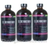 Elderberry Wellness Detox Bitter 16 Oz - (Pack of 3) 2 A marketing image for an Elderberry supplement. On the left, a large amber glass bottle labeled 'ELDERBERRY WELLNESS DETOX' from 'THE ORGANIC MADE' is shown. Below the bottle are fresh elderberries, cinnamon sticks, a honey dipper, and cloves. The label lists ingredients including elderberry, honey, cloves, and cinnamon. At the top left and bottom right, 'THE ORGANIC MADE' logos are present. On the right side, a large green text banner reads 'RELIEF FOR:'. Below this is a list of potential benefits in black text: 'Promoted Gut Health', 'Colds & Flu', 'Blood Sugar Level', 'Blood Pressure Level', 'Improved Digestion', 'Boosts Immune System', 'Enhanced Skin Health', 'Energy Support', 'Antioxidant', 'Anti inflammatory & detoxify', and 'Cardiovascular Health'. The website URL 'www.theorganicmade.com' is at the bottom. pack of 3