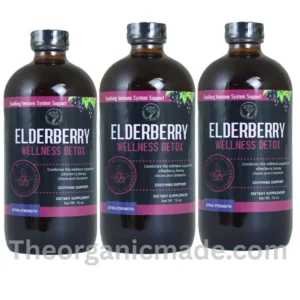 A marketing image for an Elderberry supplement. On the left, a large amber glass bottle labeled 'ELDERBERRY WELLNESS DETOX' from 'THE ORGANIC MADE' is shown. Below the bottle are fresh elderberries, cinnamon sticks, a honey dipper, and cloves. The label lists ingredients including elderberry, honey, cloves, and cinnamon. At the top left and bottom right, 'THE ORGANIC MADE' logos are present. On the right side, a large green text banner reads 'RELIEF FOR:'. Below this is a list of potential benefits in black text: 'Promoted Gut Health', 'Colds & Flu', 'Blood Sugar Level', 'Blood Pressure Level', 'Improved Digestion', 'Boosts Immune System', 'Enhanced Skin Health', 'Energy Support', 'Antioxidant', 'Anti inflammatory & detoxify', and 'Cardiovascular Health'. The website URL 'www.theorganicmade.com' is at the bottom. pack of 3
