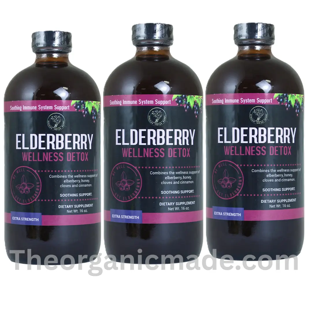 Elderberry Wellness Detox Bitter 16 Oz - (Pack of 3) 1 A marketing image for an Elderberry supplement. On the left, a large amber glass bottle labeled 'ELDERBERRY WELLNESS DETOX' from 'THE ORGANIC MADE' is shown. Below the bottle are fresh elderberries, cinnamon sticks, a honey dipper, and cloves. The label lists ingredients including elderberry, honey, cloves, and cinnamon. At the top left and bottom right, 'THE ORGANIC MADE' logos are present. On the right side, a large green text banner reads 'RELIEF FOR:'. Below this is a list of potential benefits in black text: 'Promoted Gut Health', 'Colds & Flu', 'Blood Sugar Level', 'Blood Pressure Level', 'Improved Digestion', 'Boosts Immune System', 'Enhanced Skin Health', 'Energy Support', 'Antioxidant', 'Anti inflammatory & detoxify', and 'Cardiovascular Health'. The website URL 'www.theorganicmade.com' is at the bottom. pack of 3