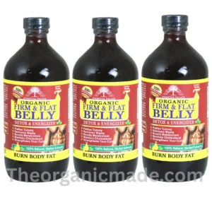 A detailed product photograph of Essential Palace "Organic Firm & Flat Belly" Detox & Energizer, presented as a professional ad. The 32oz glass bottle is filled with a dark amber liquid and features a detailed label with images of a muscular torso and lemon slices. The text on the bottle reads "Essential Palace ORGANIC FIRM & FLAT BELLY," "DETOX & ENERGIZER," "100% Natural Herbal Extracts," and "BURN BODY FAT." To the right of the bottle, a green banner reads "RELIEF FOR:" followed by a comprehensive bulleted list of benefits: "BURN BODY FAT," "FLATTEN TUMMY," "REMOVE WASTE," "MAINTAIN CHOLESTEROL," "ENHANCES DIGESTIVE SECRETIONS," "PROMOTES NUTRIENT ABSORPTION," "COLON CLEANSE," "EASES GAS & HEAVINESS," "BOOSTS METABOLISM," "BLOOD SUGAR BALANCE," "REDUCES CRAVINGS," and "DETOXIFY." Two "The Organic Made: Natural & Healthy" leaf logos are visible: one subtly overlayed on the top-left of the bottle, and one to the bottom-right of the list. The bottom of the ad displays the website URL "www.theorganicmade.com" in gray text. pack of 3