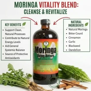 A central glass bottle of Moringa Living Bitters is positioned above a light wood table, flanked by two text boxes. The left box, titled 'KEY BENEFITS', lists bullet points: 'Support Detoxification', 'Boost Energy', 'Anti-inflammatory', and 'Rich in Antioxidants'. The right box, titled 'NATURAL INGREDIENTS', lists: 'Natural Moringa', 'Bitter Gourd', 'Cinnamon', 'Garlic', 'Blackseed', and 'Dandelion'. Red arrows curve inward, pointing to the bottle. Raw ingredients are arranged around the base: a large cluster of fresh dandelion greens and roots, two whole bitter gourd vegetables, and cinnamon sticks. The top green banner reads 'REVITALIZE YOUR WELLNESS', followed by 'MORINGA LIVING BITTERS:' in red, and 'Detox & ENERGY BEVERAGE' in green. A dark footer bar displays 'FUEL YOUR BODY • LIVE VIBRANTLY'.