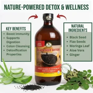 A glass bottle of Black Seed Bitters is centered on a light wood surface, flanked by two informational boxes. The left box, labeled 'KEY BENEFITS', lists bullet points like 'Boost Immunity', 'Supports Digestion', 'Colon Cleansing', and 'Detoxification Properties'. The right box, labeled 'NATURAL INGREDIENTS', lists 'Black Seed', 'Flax Seeds', 'Moringa Leaf', 'Aloe Vera', and 'Ginger'. Raw ingredients—a bunch of fresh mint leaves, a whole ginger root, and several sliced ginger pieces—are arranged around the base of the bottle. Red arrows point from above the boxes toward the bottle. At the very top, large, bold green text reads 'EMPOWER YOUR HEALTH NATURALLY'. Below this, the red text reads 'BLACK SEED BITTERS: EXTRA STRONG DETOX BEVERAGE'.