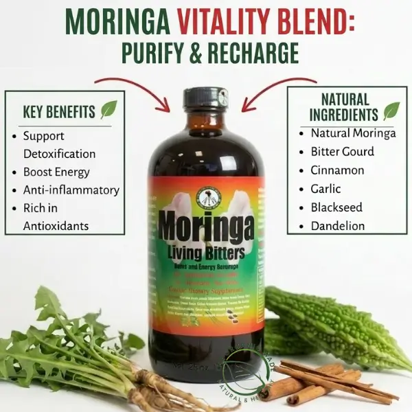 Moringa Living Bitters: Detox & Energy-16oz AIH 1 A central glass bottle of Moringa Living Bitters is positioned above a light wood table, flanked by two text boxes. The left box, titled 'KEY BENEFITS', lists bullet points: 'Support Detoxification', 'Boost Energy', 'Anti-inflammatory', and 'Rich in Antioxidants'. The right box, titled 'NATURAL INGREDIENTS', lists: 'Natural Moringa', 'Bitter Gourd', 'Cinnamon', 'Garlic', 'Blackseed', and 'Dandelion'. Red arrows curve inward, pointing to the bottle. Raw ingredients are arranged around the base: a large cluster of fresh dandelion greens and roots, two whole bitter gourd vegetables, and cinnamon sticks. The top green banner reads 'REVITALIZE YOUR WELLNESS', followed by 'MORINGA LIVING BITTERS:' in red, and 'DETOX & ENERGY BEVERAGE' in green. A dark footer bar displays 'FUEL YOUR BODY • LIVE VIBRANTLY'.