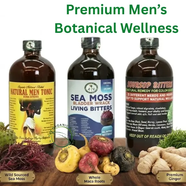 Sea Moss Bladder Wrack, Soursop Bitters & Men Tonic 16oz 1 A tight-knit trio of dark amber glass bottles containing potent men's health tonics rests on a rich wood surface. The bottles are clearly labeled from left: Natural Men Tonic (with a yellow label depicting a silhouette), Sea Moss Bladder Wrack Living Bitters (blue label), and Soursop Bitters (black label). In front of them are clusters of fresh ingredients: green soursop fruit, vibrant red sea moss and green leaves, whole multi-colored maca roots, and rugged ginger rhizomes. Each ingredient cluster has an engraved brass plaque identifying it against a clean white background.