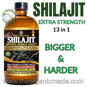bottle of Shilajit, Ashwagandha, Rhodiola Rosea, and Panax Ginseng. The bottle is a 16 oz amber glass with a black label, set against a white background. Bold green and black text reads "SHILAJIT EXTRA STRENGTH 13 in 1" and "BIGGER & HARDER." The brand URL www.theorganicmade.com is displayed at the bottom.