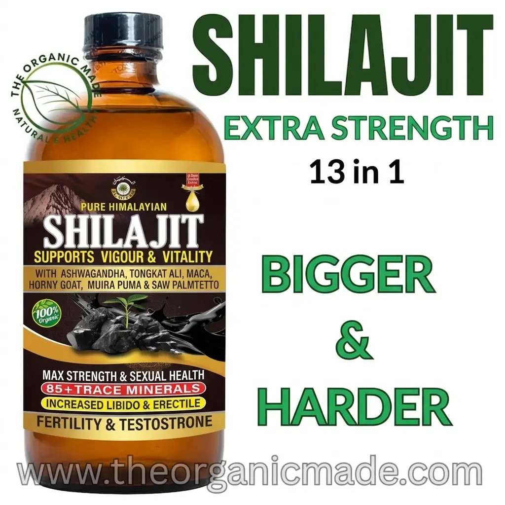 Pure Himalayian Shilajit With Ashwagandha - Max Strength by AL RIYAN - 16 Oz 1 bottle of Shilajit, Ashwagandha, Rhodiola Rosea, and Panax Ginseng. The bottle is a 16 oz amber glass with a black label, set against a white background. Bold green and black text reads "SHILAJIT EXTRA STRENGTH 13 in 1" and "BIGGER & HARDER." The brand URL www.theorganicmade.com is displayed at the bottom.