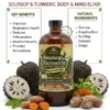 A centered dark glass bottle of Soursop & Turmeric Living Bitter is surrounded by a detailed arrangement of whole and sliced ingredients including large prickly soursop fruit, fresh turmeric roots, fresh ginger, and dried nutmeg. Above the arrangement, large green text reads 'ENHANCE YOUR TOTAL WELLNESS', followed by 'SOURSOP & TURMERIC BODY & MIND ELIXIR' in red text. Below the bottle, a title reads 'MICRACULOUS DETOX TONIC'. To the left of the bottle, a text box labeled 'KEY BENEFITS' lists bullet points: 'Improves Respiratory Health', 'Reduces Inflammation', 'Boosts Immunity', 'Provides Antioxidants'. To the right, a box labeled 'NATURAL INGREDIENTS' lists: 'Soursop', 'Angelica Root', 'Nut Meg', 'Extracts', 'Ginger'. Red arrows point toward the bottle, and the entire graphic is framed with subtle green leaf corner accents.